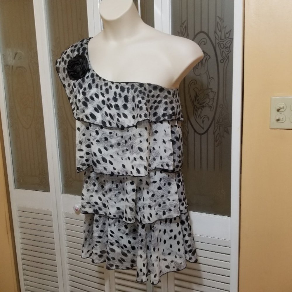 Chesley Ladies Short Black Gray Ruffle Tiered One-Shoulder Animal Print Dress